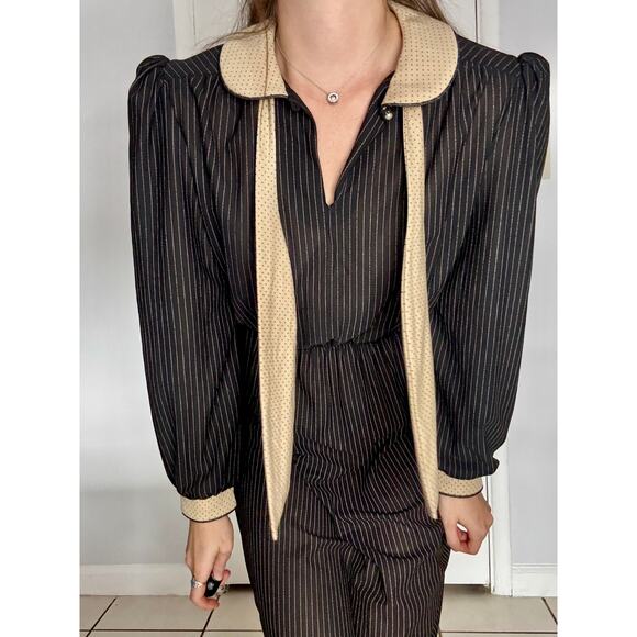 Vintage Luci Fellini 1980s Black Pin Stripe Dress Polka Dot Neck Tie Collar - Picture 10 of 13